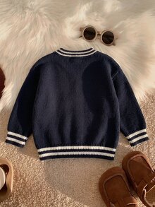 Kids Clothes Young Boy Commuter School Style Cable Knit Texture Sweater Round Neck Long Sleeve Comfortable Suitable For Commuting School Casual Street Style Party Outing - Navy Blue - View 2
