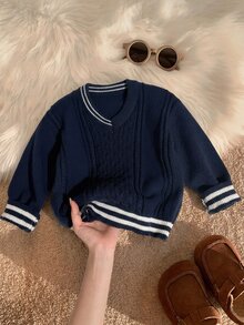 Kids Clothes Young Boy Commuter School Style Cable Knit Texture Sweater Round Neck Long Sleeve Comfortable Suitable For Commuting School Casual Street Style Party Outing - Navy Blue - View 3