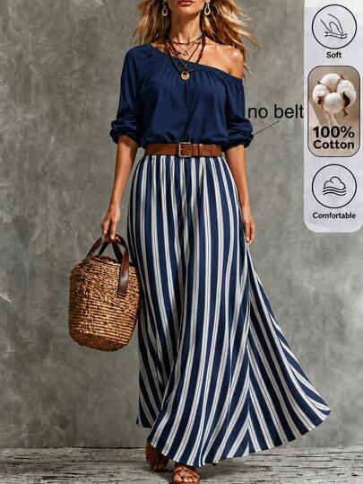 Omancia Vestido largo de mujer de mezcla de algodón con cuello asimétrico, manga farol, manga larga, estampado de rayas azul & blanco, corte acampanado, estilo casual holgado