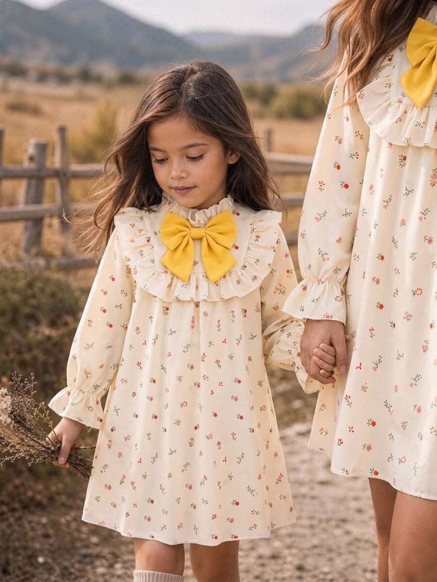 Emery Rose Kids 女童可愛度假休閒杏色格紋蝴蝶結長袖寬鬆洋裝,秋季花卉洋裝,校園、開學、校服 - 棕色 - 查看 1