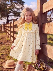 Emery Rose Kids 女童可愛度假休閒杏色格紋蝴蝶結長袖寬鬆洋裝，秋季花卉洋裝，校園、開學、校服 - 棕色 - 查看 2