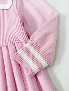 SHEIN 女嬰女童針織毛衣洋裝，甜美可愛秋冬新款，優雅荷葉邊蕾絲領翻領長袖軟綿百搭公主風針織洋裝，適合假日穿搭，適合秋冬毛衣洋裝 - 淺粉色 - 查看 7