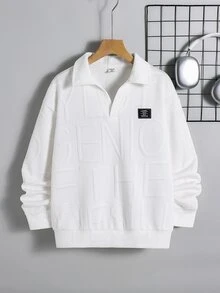 SHEIN Kids Boys' Textured Fabric Long Sleeve Polo Collar Autumn Sweatshirt, Stylish Comfortable Versatile, Suitable For Campus And Streetwear - White - View 2