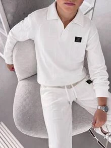 SHEIN Kids Boys' Textured Fabric Long Sleeve Polo Collar Autumn Sweatshirt, Stylish Comfortable Versatile, Suitable For Campus And Streetwear - White - View 1