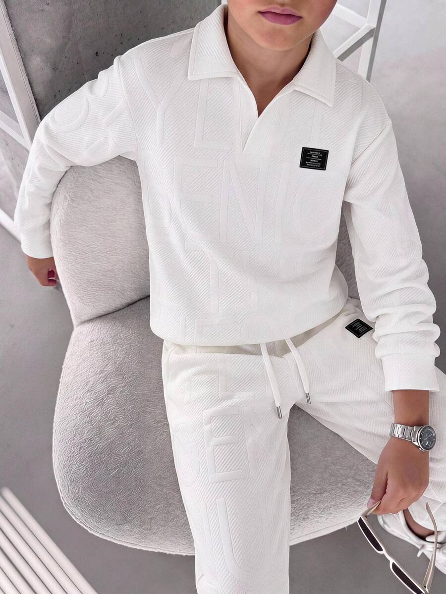 SHEIN Kids Boys' Textured Fabric Long Sleeve Polo Collar Autumn Sweatshirt, Stylish Comfortable Versatile, Suitable For Campus And Streetwear - White - View 1