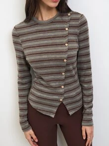 Nöista Striped, Fitted Top Asymmetrical , Fall/Winter,Elegant,Casual,Cute,All-Match,Chic,Comfortable, Practical And Versatile, An Essential Wardrobe Staple.. - Green - View 2