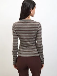 Nöista Striped, Fitted Top Asymmetrical , Fall/Winter,Elegant,Casual,Cute,All-Match,Chic,Comfortable, Practical And Versatile, An Essential Wardrobe Staple.. - Green - View 3