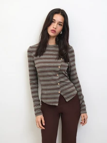 Nöista Striped, Fitted Top Asymmetrical , Fall/Winter,Elegant,Casual,Cute,All-Match,Chic,Comfortable, Practical And Versatile, An Essential Wardrobe Staple.. - Green - View 5