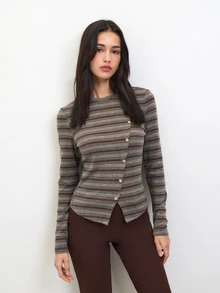 Nöista Striped, Fitted Top Asymmetrical , Fall/Winter,Elegant,Casual,Cute,All-Match,Chic,Comfortable, Practical And Versatile, An Essential Wardrobe Staple.. - Green - View 1