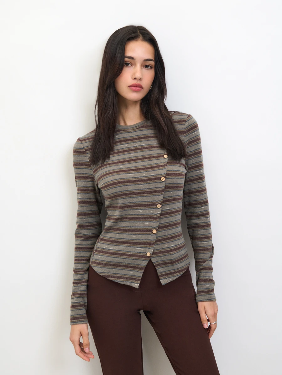 Nöista Striped, Fitted Top Asymmetrical , Fall/Winter,Elegant,Casual,Cute,All-Match,Chic,Comfortable, Practical And Versatile, An Essential Wardrobe Staple.. - Green - View 1
