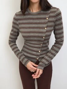 Nöista Striped, Fitted Top Asymmetrical , Fall/Winter,Elegant,Casual,Cute,All-Match,Chic,Comfortable, Practical And Versatile, An Essential Wardrobe Staple.. - Green - View 6