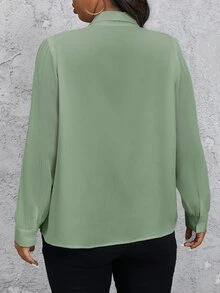SHEIN Privé Plus Size Women's Solid Color Bowknot Design Long Sleeve Elegant Blouse Fall - Mint Green - View 5