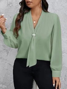 SHEIN Privé Plus Size Women's Solid Color Bowknot Design Long Sleeve Elegant Blouse Fall - Mint Green - View 6