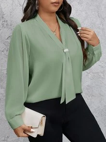 SHEIN Privé Plus Size Women's Solid Color Bowknot Design Long Sleeve Elegant Blouse Fall - Mint Green - View 3