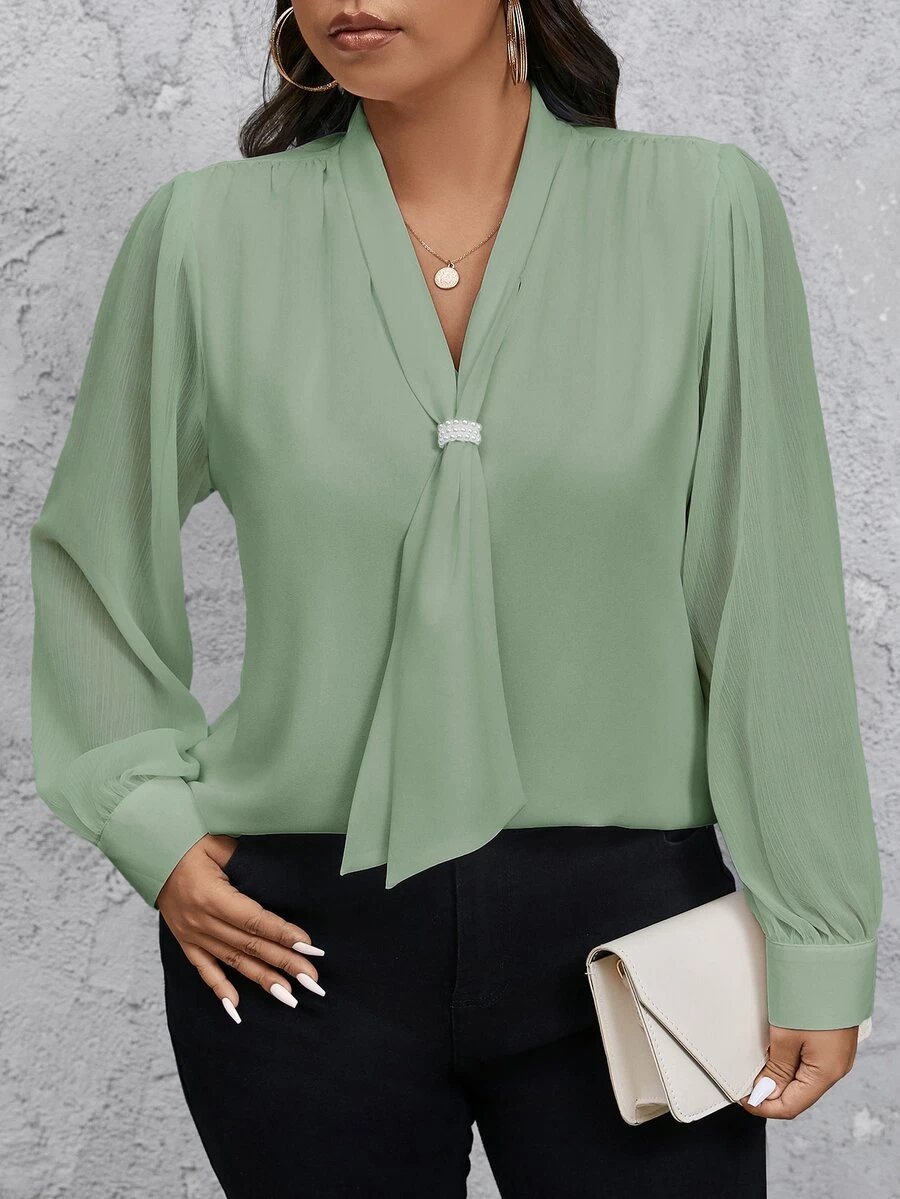 SHEIN Privé Plus Size Women's Solid Color Bowknot Design Long Sleeve Elegant Blouse Fall