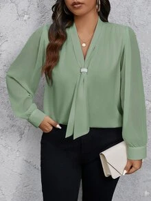 SHEIN Privé Plus Size Women's Solid Color Bowknot Design Long Sleeve Elegant Blouse Fall - Mint Green - View 7