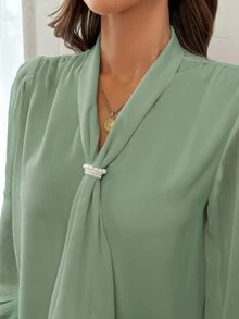 SHEIN Privé Plus Size Women's Solid Color Bowknot Design Long Sleeve Elegant Blouse Fall - Mint Green - View 10