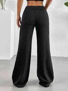 SHEIN Tall CURVE 大码女式纯色纽扣设计阔腿宽松休闲黑色长裤，休闲女裤，通勤裤，舒适 - 黑色 - 查看 3