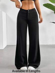SHEIN Tall CURVE 大码女式纯色纽扣设计阔腿宽松休闲黑色长裤，休闲女裤，通勤裤，舒适 - 黑色 - 查看 4