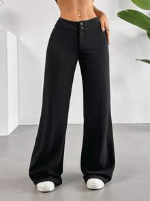 SHEIN Tall CURVE 大码女式纯色纽扣设计阔腿宽松休闲黑色长裤，休闲女裤，通勤裤，舒适 - 黑色 - 查看 8