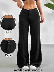 SHEIN Tall CURVE 大码女式纯色纽扣设计阔腿宽松休闲黑色长裤，休闲女裤，通勤裤，舒适 - 黑色 - 查看 9