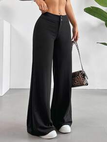 SHEIN Tall CURVE 大码女式纯色纽扣设计阔腿宽松休闲黑色长裤，休闲女裤，通勤裤，舒适 - 黑色 - 查看 7