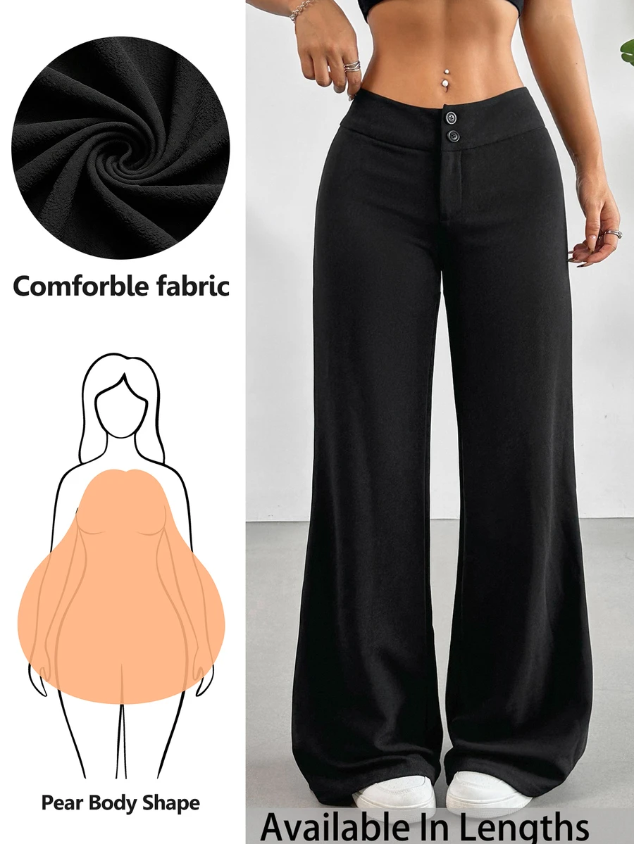 SHEIN Tall CURVE 大码女式纯色纽扣设计阔腿宽松休闲黑色长裤，休闲女裤，通勤裤，舒适
