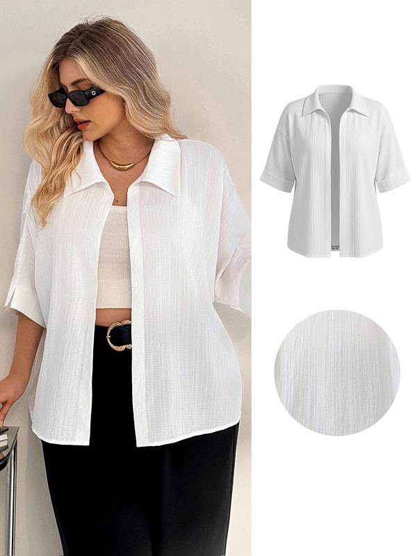 Auralis Plus Size White Summer Silky Smart Casual Elegant Office Formal Blouse,Women's Solid Batwing 3/4 Sleeve Textured Fabric Shirt,Business Teachers' Day