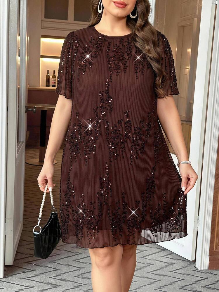 Reflora Plus Size Women's Solid Color Sequin Round Neck Short Sleeve Loose Elegant Formal Elegant Dress Evening Wedding Burgundy Winter - Brown - View 7