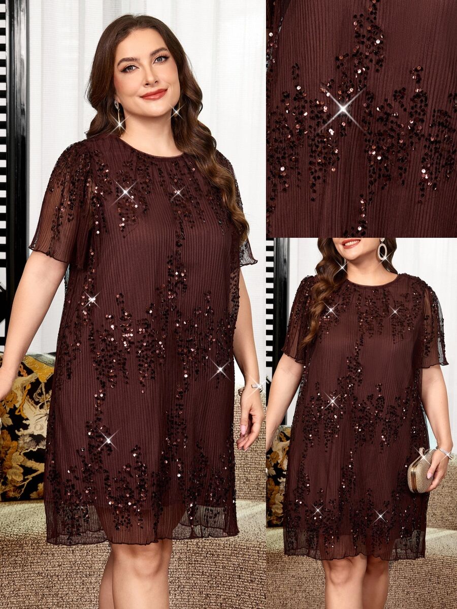 Reflora Đầm nữ big size màu trơn đính sequin cổ tròn tay ngắn dáng rộng thanh lịch