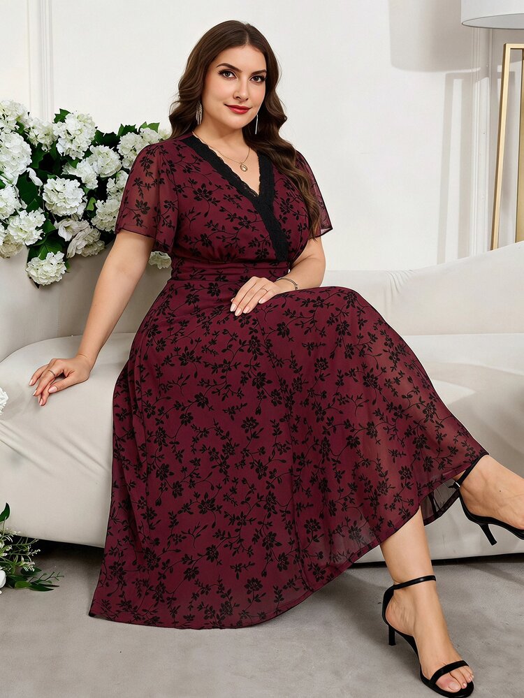 Reflora Plus Size Allover Floral Print Contrast Lace Dress Tea Party Brunch Evening Burgundy Summer Elegant 1960s - Multicolor - View 1