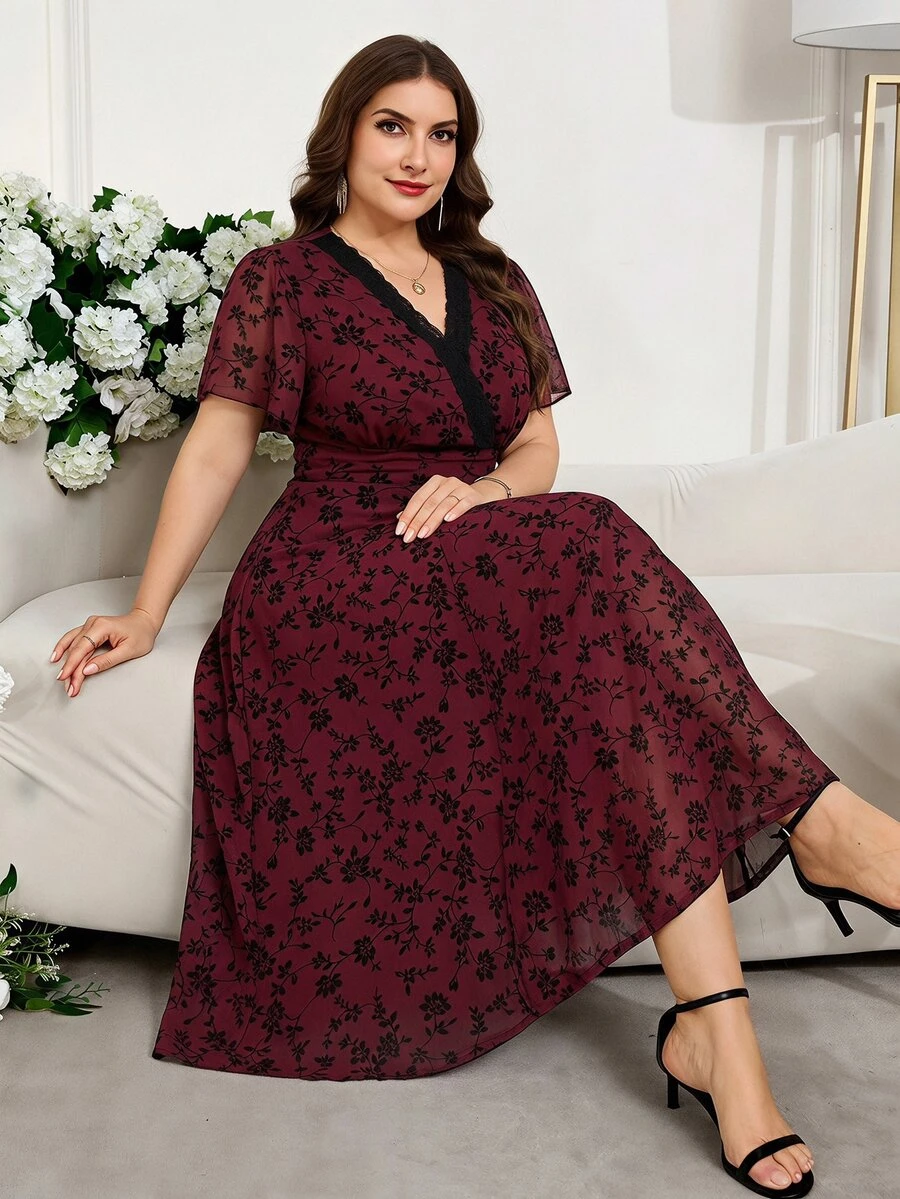 Reflora Plus Size Allover Floral Print Contrast Lace Dress Tea Party Brunch Evening Burgundy Summer Elegant 1960s