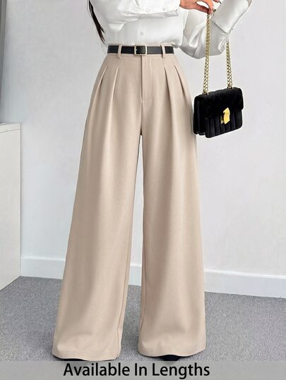 SHEIN Tall CURVE 大尺碼女款素色百褶休閒端莊優雅百搭日常商務長褲 正式米色 秋冬 教師節 辦公工作
