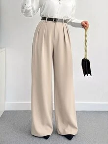 SHEIN Tall CURVE 大尺碼女款素色百褶休閒端莊優雅百搭日常商務長褲 正式米色 秋冬 教師節 辦公工作 - 卡其色 - 查看 4