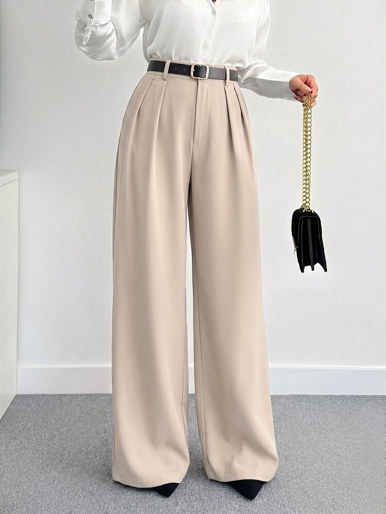 SHEIN Tall CURVE Plus Size Women Solid Color Pleated Casual Elegant Versatile Daily Wear Bussines Pants Formal Beige Autumn Fall Teachers' Day Office Bussines - Khaki - View 3