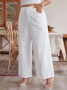 SHEIN Frenchy Women's Plus Size Simple Solid Color Daily Pants - White - View 6