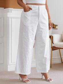 SHEIN Frenchy Women's Plus Size Simple Solid Color Daily Pants - White - View 3