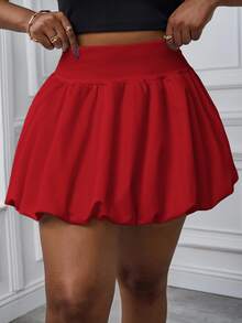 SHEIN PETITE CURVE Plus Size Solid Color Pleated Bubble Skirt, Casual Vacation Fall - Red - View 4