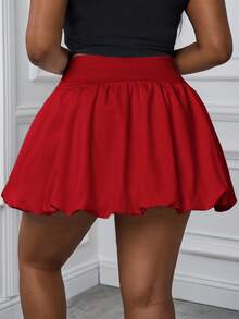 SHEIN PETITE CURVE Plus Size Solid Color Pleated Bubble Skirt, Casual Vacation Fall - Red - View 3