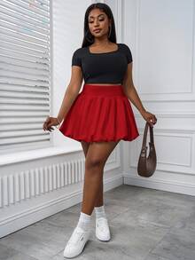 SHEIN PETITE CURVE Plus Size Solid Color Pleated Bubble Skirt, Casual Vacation Fall - Red - View 5