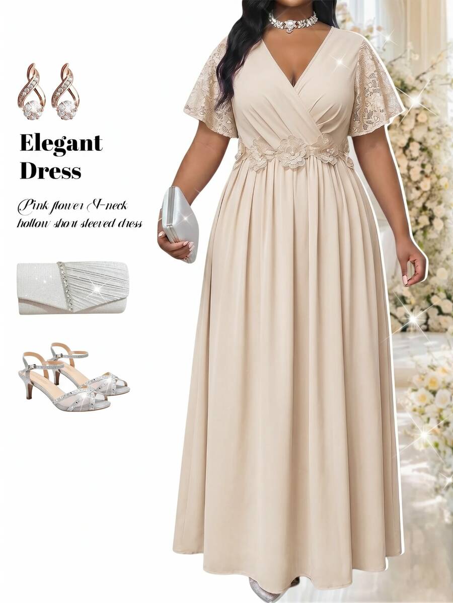 Fleurora Plus Size Women's Elegant Casual Formal Lace Short Sleeve Dress With 3D Floral Decoration Wedding Guest Evening Mother Of The Bride Beige Summer - Khaki - View 1