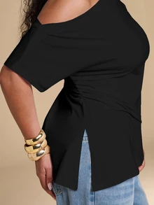 SHEIN BAE CURVE Plus Size Women's Versatile Asymmetrical Shoulder Ruched Asymmetrical Hem T-Shirt Office Navy Blue Summer Elegant - Black - View 9
