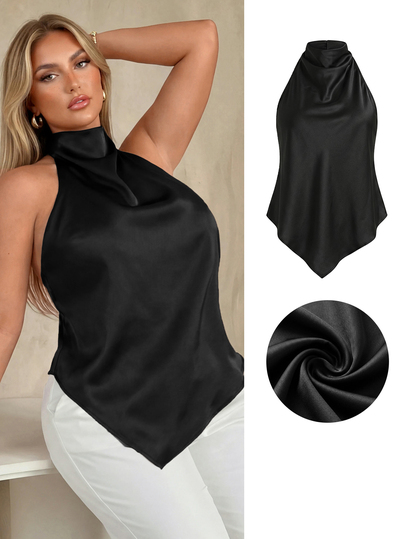 Auralis Brown Satin Plus Size Halter Neck Pullover Top / Elegant Commute Vacation Sexy Backless Blouse / Bandana Asymmetrical Hem Plus Size Shirt / Elegant Commute Office Workplace Siren Style High-End Banquet Outfit Top / Personalized Modern Elegant Y2K Bar KTV Outfit / Music Festival / Concert