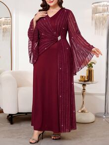 Reflora Plus Size Women's V-Neck Bell Sleeve Waist Rhinestone Decor Elegant Dress Fall - Burgundy - View 8