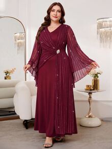 Reflora Plus Size Women's V-Neck Bell Sleeve Waist Rhinestone Decor Elegant Dress Fall - Burgundy - View 10