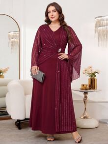 Reflora Plus Size Women's V-Neck Bell Sleeve Waist Rhinestone Decor Elegant Dress Fall - Burgundy - View 7