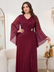 Reflora Plus Size Women's V-Neck Bell Sleeve Waist Rhinestone Decor Elegant Dress Fall - Burgundy - View 11