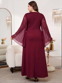 Reflora Plus Size Women's V-Neck Bell Sleeve Waist Rhinestone Decor Elegant Dress Fall - Burgundy - View 4