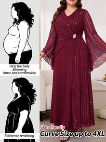 Reflora Plus Size Women's V-Neck Bell Sleeve Waist Rhinestone Decor Elegant Dress Fall - Burgundy - View 12