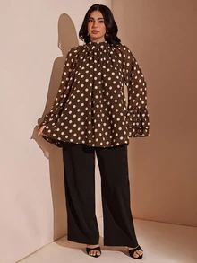 SHEIN BAE 大尺碼女款黑色波點雪紡荷葉邊上衣，優雅 80 年代 90 年代襯衫，度假上衣，適合下午茶、生日、秋季 - 棕色 - 查看 4
